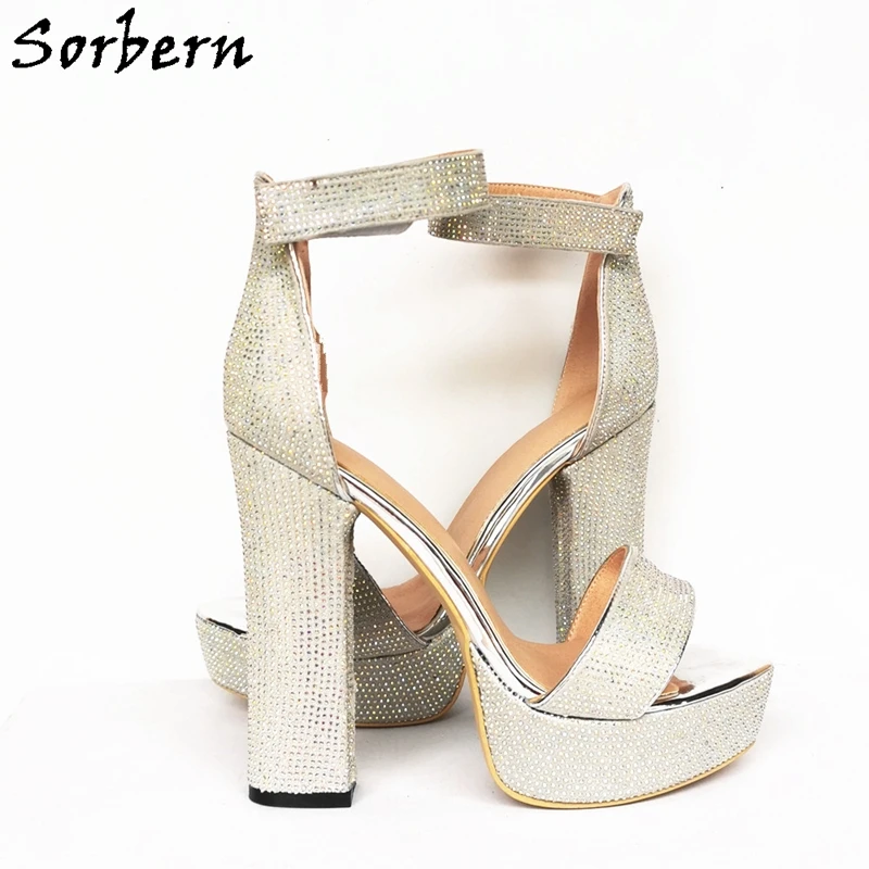 Sorbern Colorful Crystals Women Sandals Platform Block Heels Ankle Strap Chunky High Heel Designer Shoes Women Party Heels