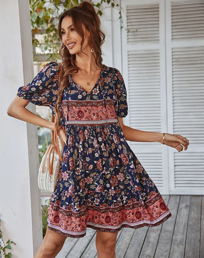 Khalee Yose Boho Bloemen Gedrukt Mini Jurk Bohemain Vintage Zomer Chic Vrouwen Jurken Ruches V-hals Sexy Vakantie Dames Jurk