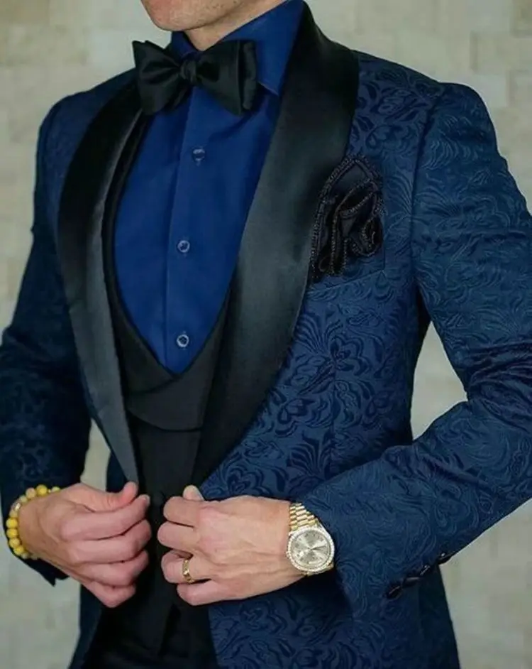 

Groom Wear Wedding Suit Dress Tailor-Made Suits Navy Blue Coat 3 Piece Suit Set Floral Design Black Pant Vest Costume Homme