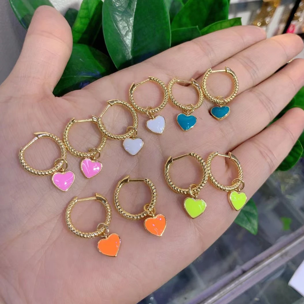 

5Pairs/lot competitive price new designer inspired cheap 2 sizes colorful enamel heart hoop drop earrings