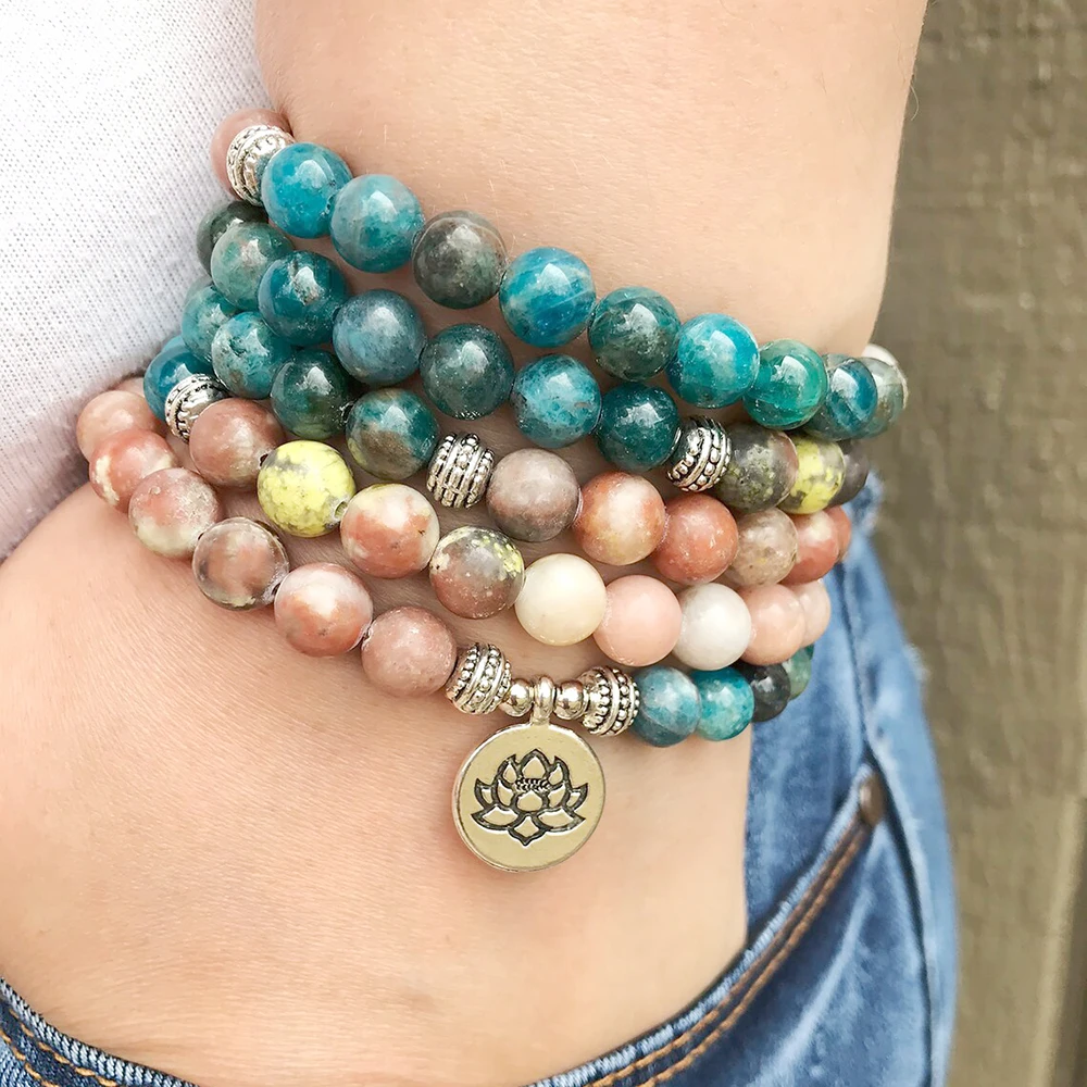 MG1349 New Design Apatite Rhodonite Mala Bracelet Lotus Charm Yoga Mala Wrap Bracelet Meditation Spiritual Yoga Jewelry