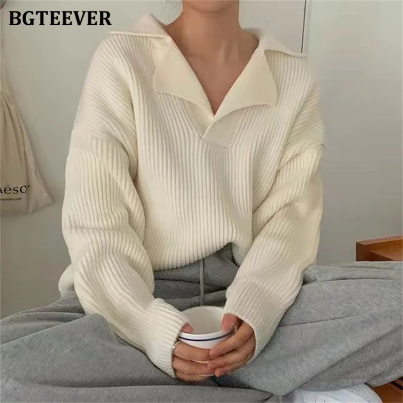 

BGTEEVER Casual Chic Loose Turn-down Collar Women Knitted Jumpers 2021 Autumn New Full Sleeve Female Solid Pullover Sweaters