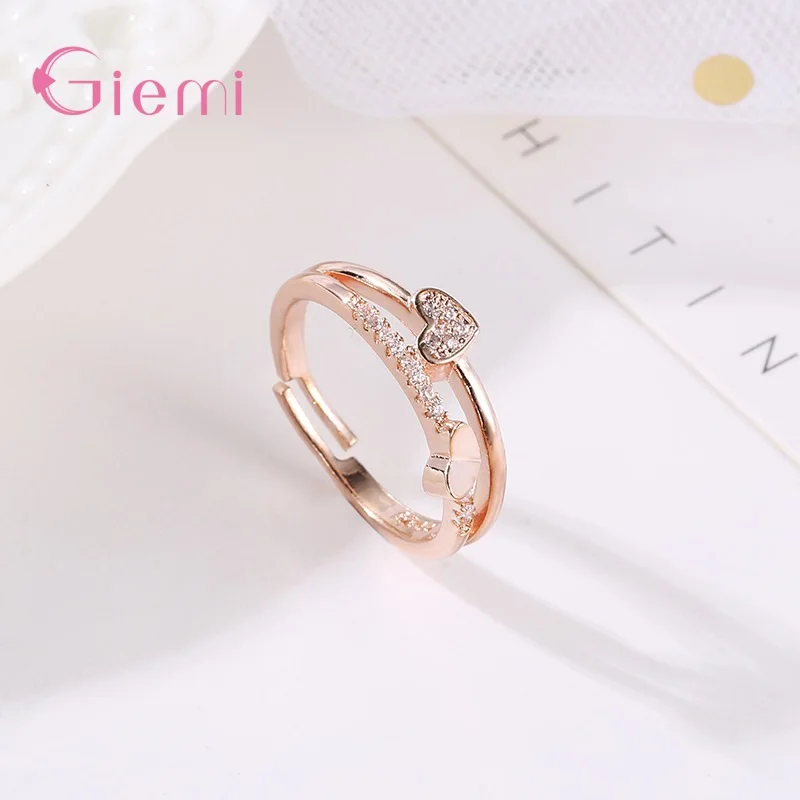 New Creative Two Hearts Zircon 925 Silver Needle Temperament Rings For Women Anel Jewelry Anillos Christmas Jewellery Gifts