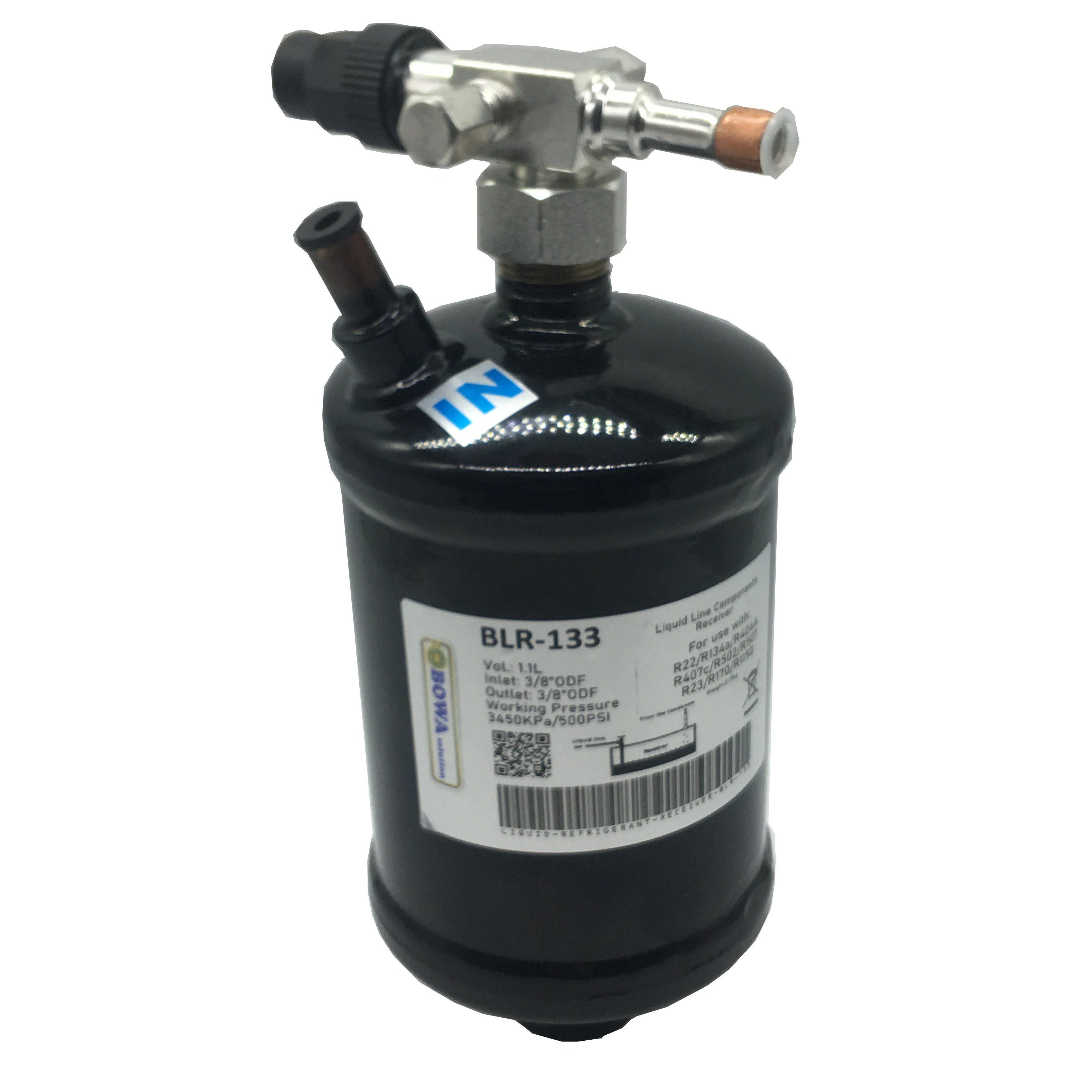 1L vertical liquid refrigerant reciever is designed for 0.5~1.5HP MBP and LBP freezers to match coolant fluctuating in circling