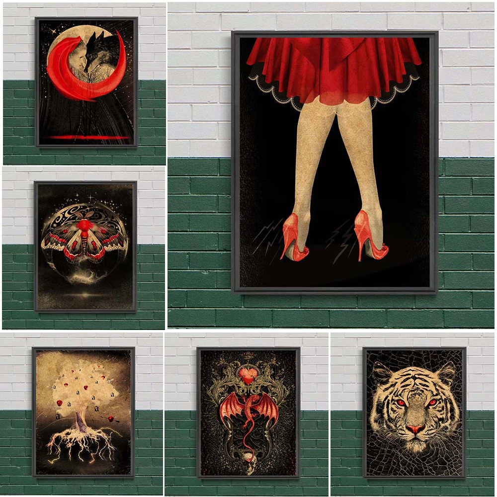 Red High Heels And Skirts Abstract Wall Art Canvas Painting Red Dragon And Tiger Vintage Witchcraft Element Poster And Prints