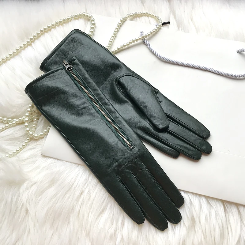 Gants courts à fermeture éclair pour femmes, 28cm, vert foncé, en peau de mouton, à la mode, pour conduire, garder au chaud en hiver, nouveau