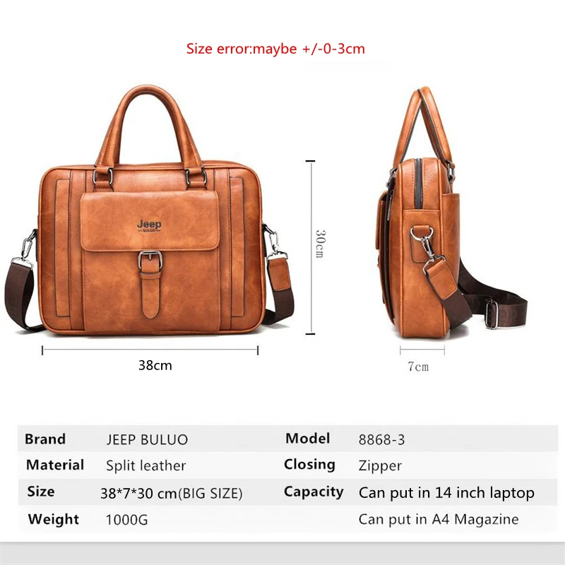 JEEP BULUO Brand Business Handbag Male Shoulder Travel Bags Big Size Men Briefcase Bags Split Leather New