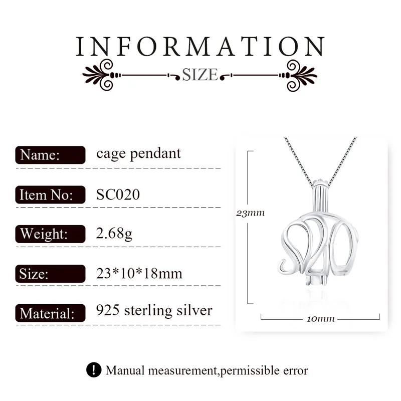 CLUCI 3pcs Silver 925 Elephant Shaped Cage Pendant for Women Fine Jewelry 925 Sterling Silver Pearl Locket SC020SB