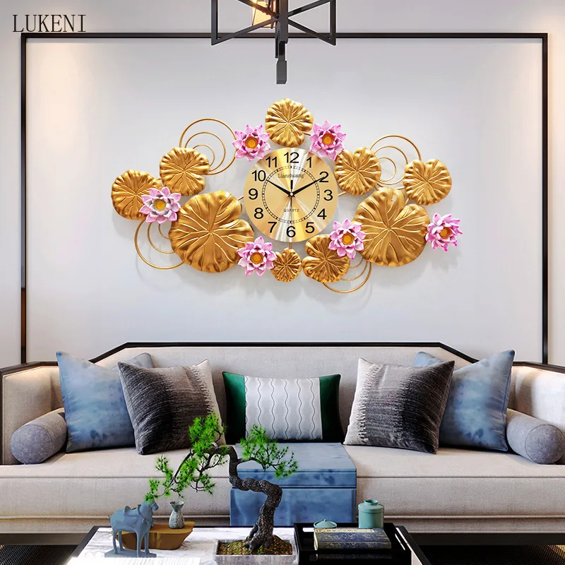 Wall Clocks Living Room Creative Clock New Chinese Bedroom Mute Inside Lotus Leaf Lotus Decoration Clock