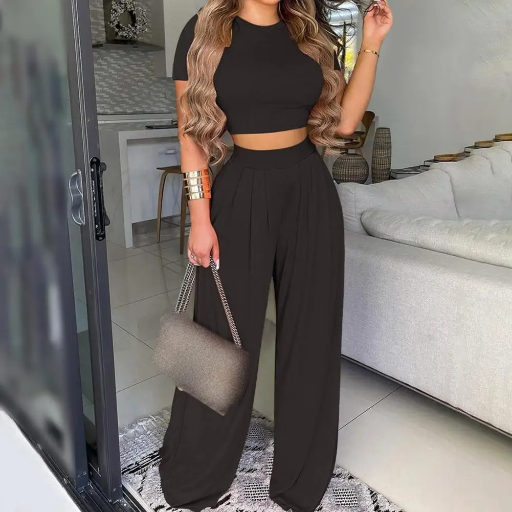 2022 Summer Elegant Women Solid Casual Fitness Tracksuit Set Outfits Short Sleeve Crop Tops Trouser Flare Pants 2 Two Piece Set