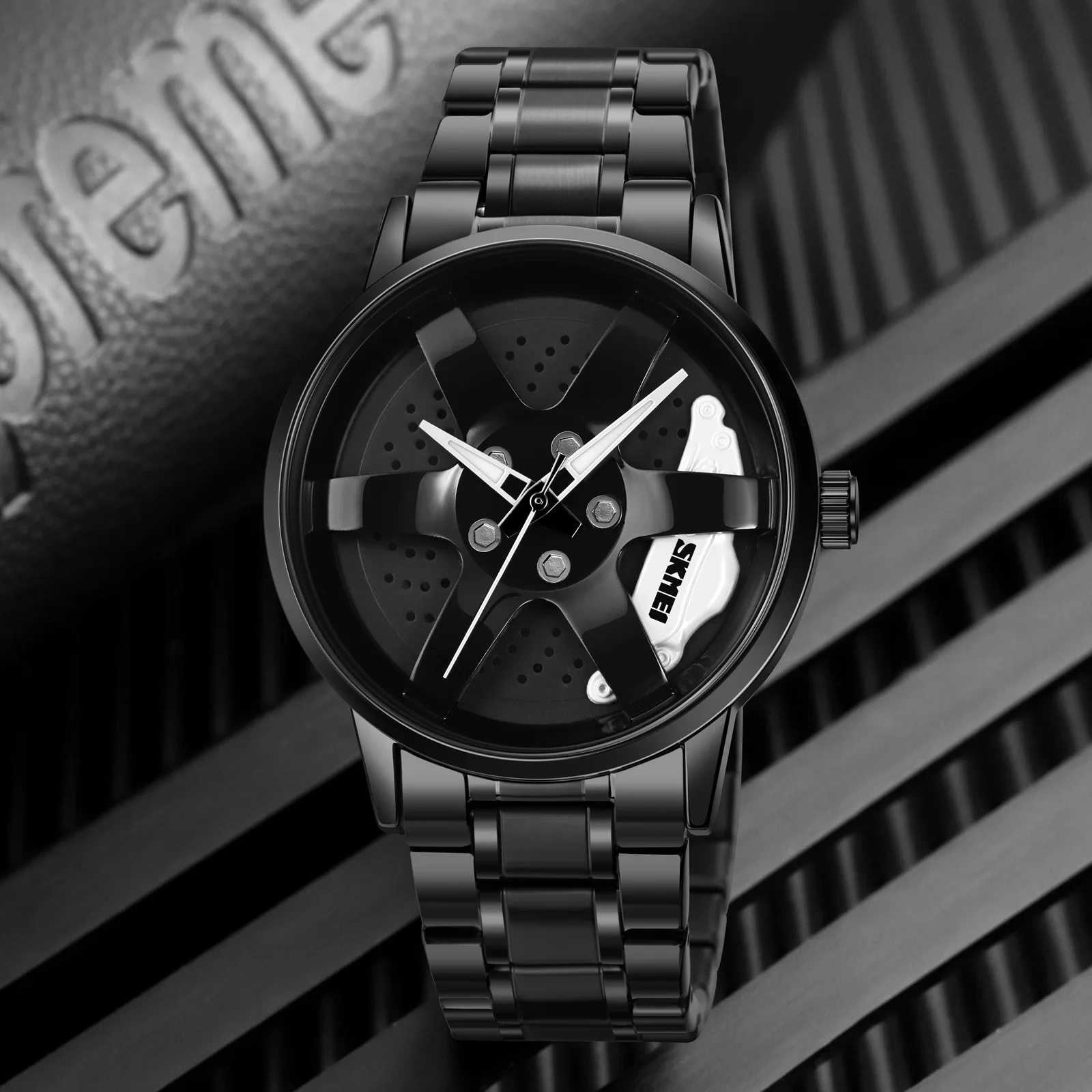 Wheel Hub Dial Design Fashion Quartz Watch SKMEI New Casual Analog Stainless Steel Band Men Wristwatch Relogio Masculino