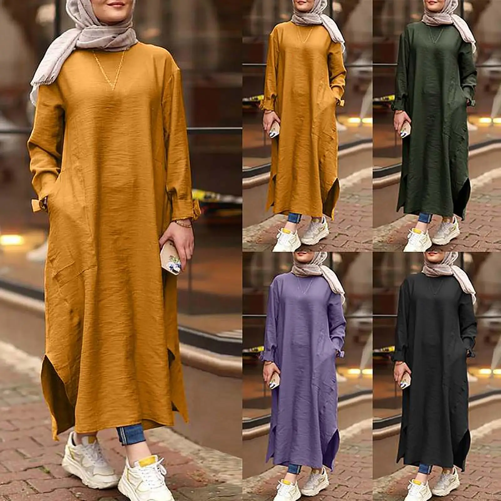 

dresses winter long-sleeve 2020 Women Autumn Solid Color Long Sleeve Split Hem Pocket Kaftan Robe Maxi christmas Dress femme rob