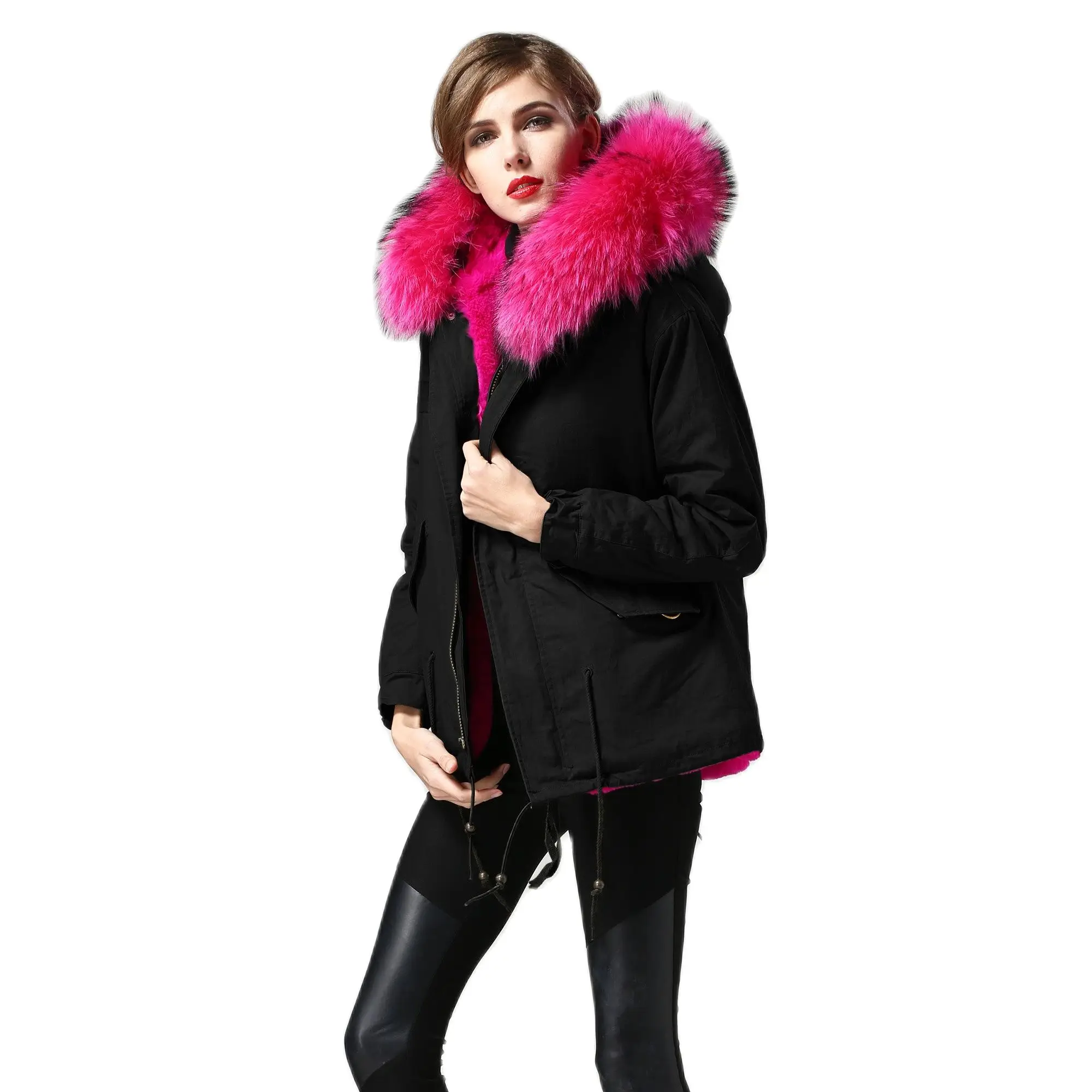 

MeiFng Fashion Short Parka For Women Faux Fur Coat Winter Overcoat With Real Fur Collar