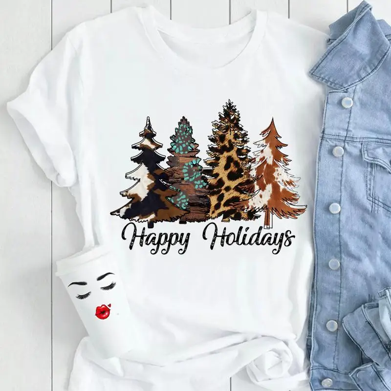 หญิงสุภาพสตรีพิมพ์เสื้อผ้า Tops Tees Tshirt เสื้อยืดผู้หญิงฤดูหนาวต้นไม้คริสต์มาสมีความสุขปีใหม่
