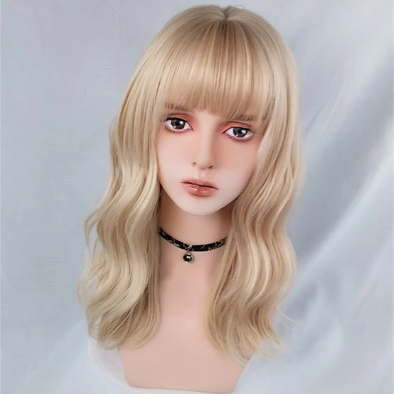 VICWIG Synthetic Cosplay Wig For Women Pink Red Golden Green Brown Medium Length Curly With Bangs