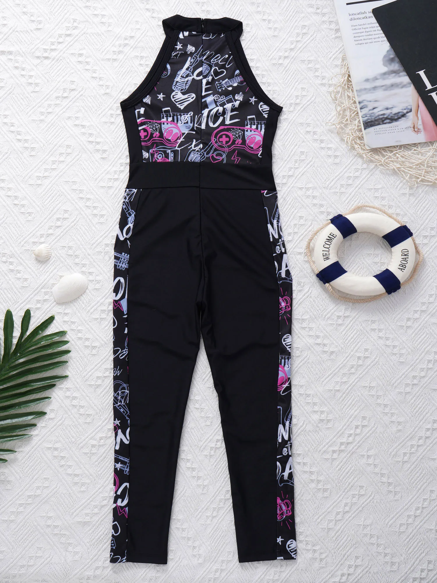 Macacão esportivo para danças crianças e meninas, roupa esportiva elástica de yoga para dança, sem mangas, zíper escondido, calças de cintura alta, body