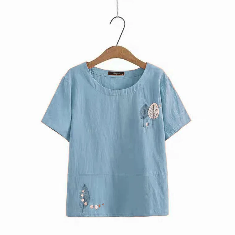 Cotton Linen Summer Blouse Women Tunics Short Sleeve Embroidery Ladies Tops Shirts Soild Color Tee Shirts Loose Casual