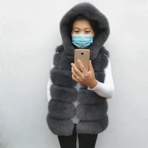 Natural Fur Coat Winter Vest for Women Genuine Fox Fur Vest with Fur Hood Fox Fur Vest  Women Hooded Jacket Real Fur Coat