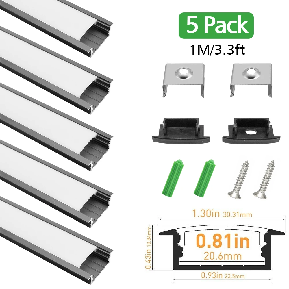 

5Sets/Lot 1M U03 Silver or Black Aluminum LED Profile for 20mm PCB for LED Strip Light Installations with Milky White Cover