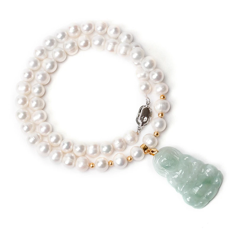 HABITOO Emerald Jade Guanyin Pendant White Freshwater Pearl Necklace 18inches Jewelry for Women Charming Gifts Daily Wear