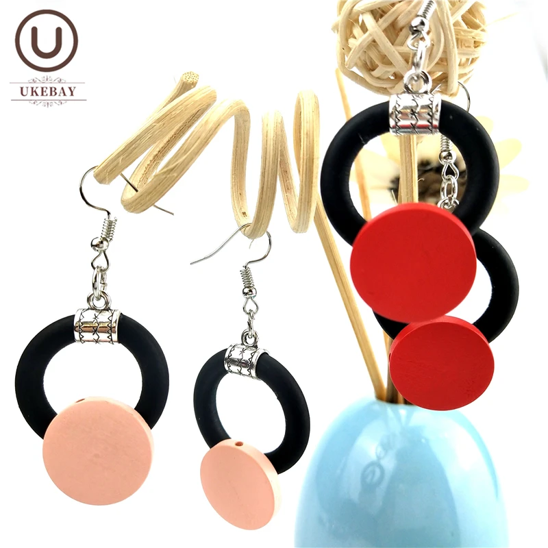 

UKEBAY NEW Wood Accessories Rubber Jewelry Drop Earrings Women Jewellery Handmade Strange Earrings Wedding Gift Red Pink Earring