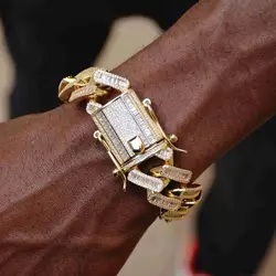 15mm width 5A iced out bling square cz cuban link chain bracelet for men Gold color hiphop jewelry