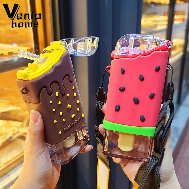 Cute Ice Cream Plastic Water Bottle With Straw Strap Popsicle Water Bottle Watermelon Kettle Leakproof Tritan Bottle BPA Free Cu