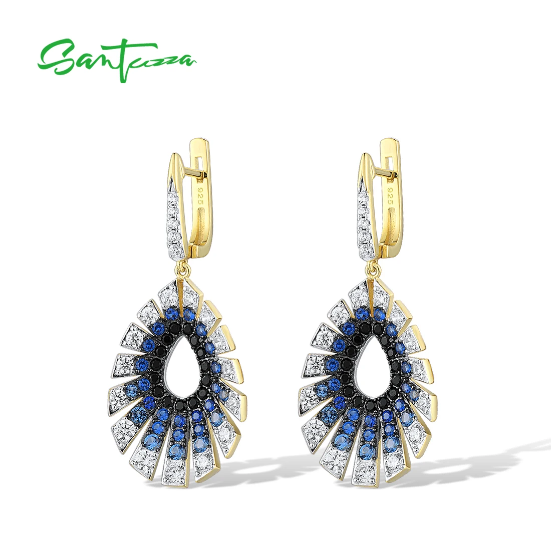 SANTUZZA Pure 925 Sterling Silver Water Drop Earrings For Women Sparkling Gradient Black/Blue Spinel White CZ Party Fine Jewelry