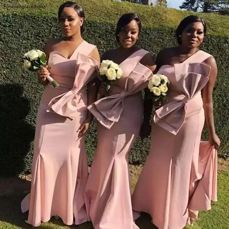 Modern Pink Bridesmaid Dresses Mermaid One Shoulder Big Bow On Wasit Satin Long Maid of Honor Wedding Guest Gowns