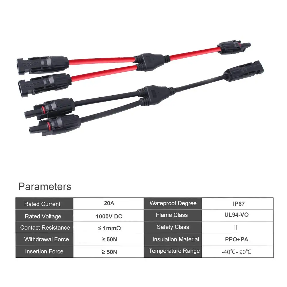 1Pair Solar Power Connectors IP67 Waterproof  Y-Branch Cable Solar Cable Parallel Adaptor in Pair for Solar Panel Red and Black