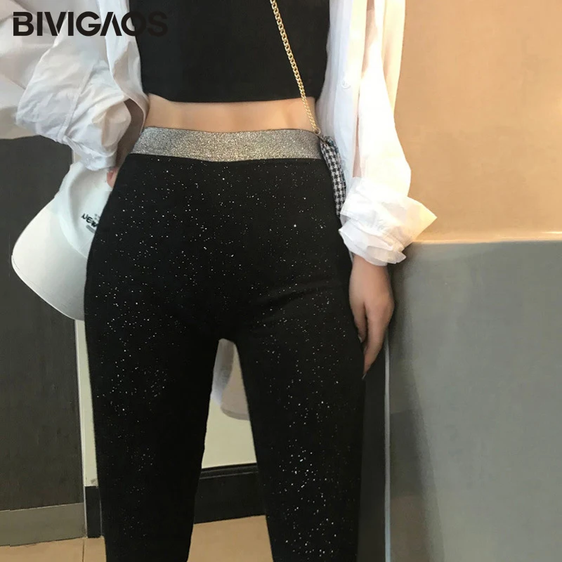 BIVIGAOS-mallas de algodón de seda brillante para mujer, Leggings de cintura alta, elegantes, con lentejuelas, elásticos, ajustados, 2020