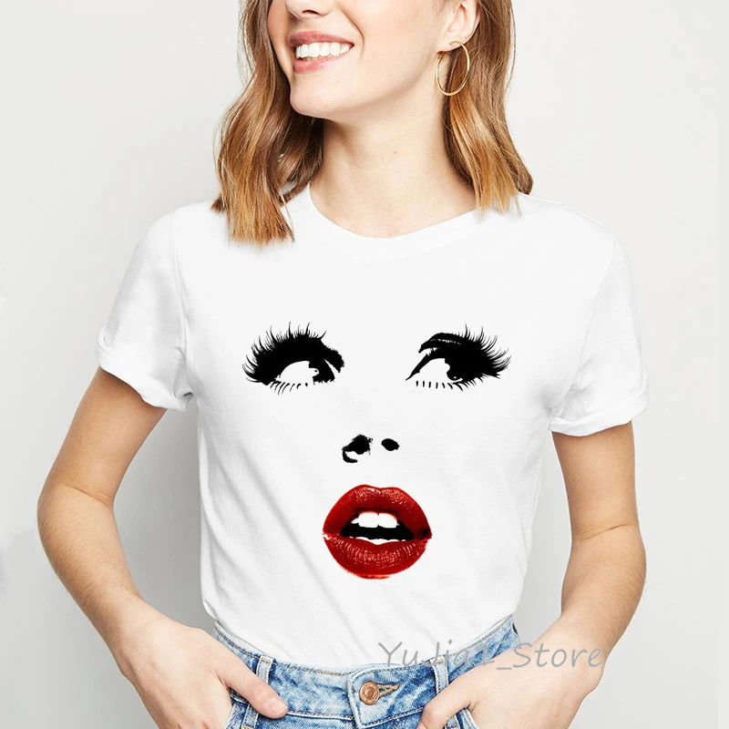 Lips Eyelash Makeup Tshirt Women Clothes Funny T Shirts Camiseta Mujer Haut Femme White Casual Female T-Shirt Tops