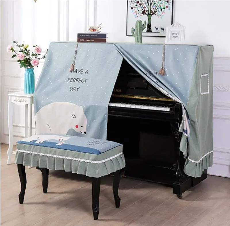 Cartoon style piano full cover universal model.Cover towel Printed piano dust cover fabric piano half open. Piano stool cover