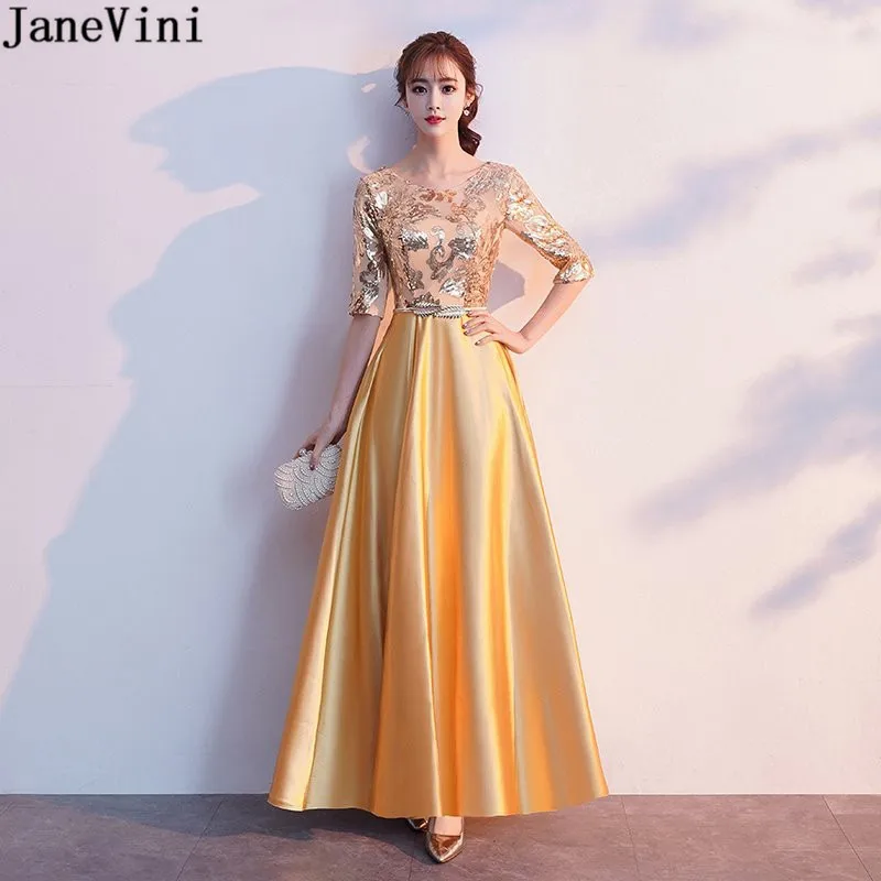 

JaneVini 2021 Golden Bridesmaid Dresses with Gold Sash Robes Longue Silver Burgundy Sequined Top Satin Skirt Wedding Party Gowns