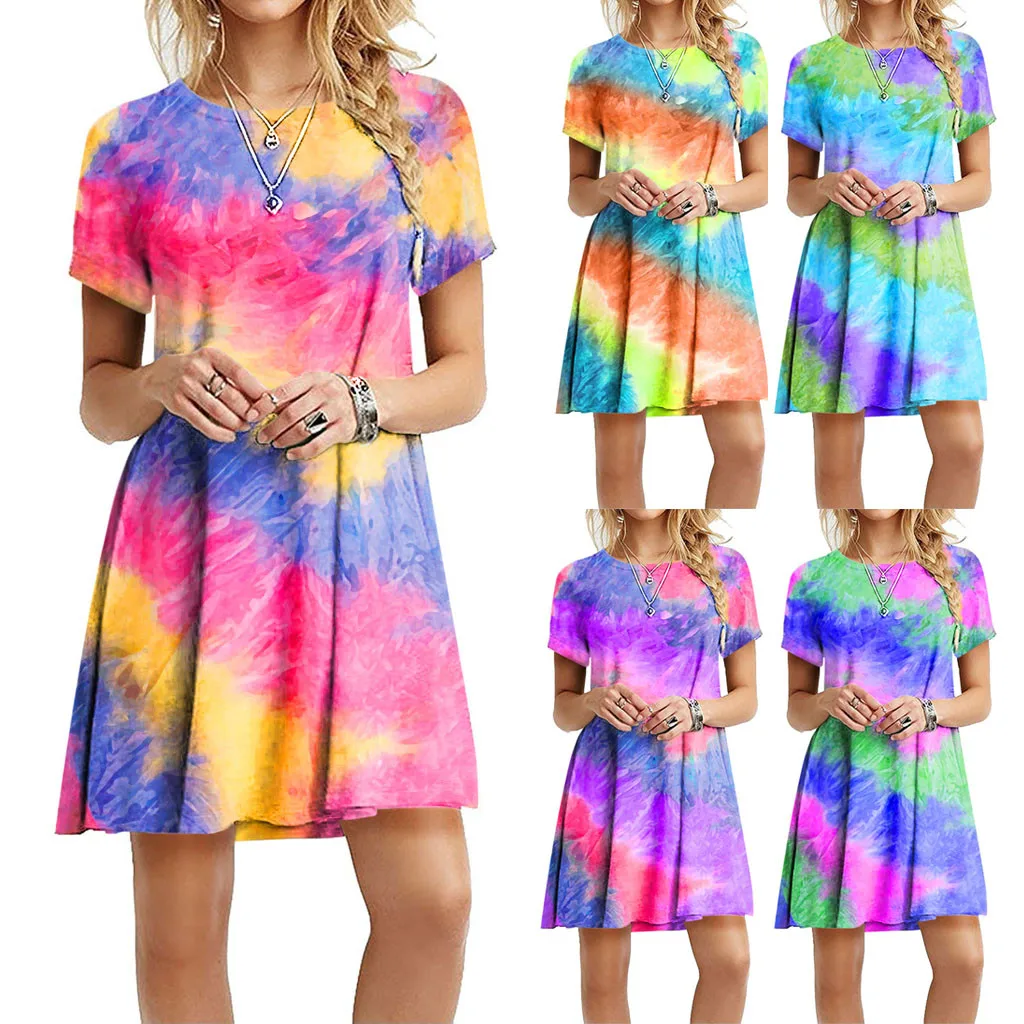 Moda letnia sukienka 2020 kobiet Tie-dye drukowane Casual T Shirt sukienki z krótkim rękawem sukienka typu Swing Femme Robe Vestidos de Mujer