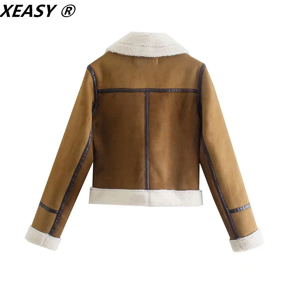 XEASY-Chaqueta de invierno para mujer, ropa Vintage, cuello vuelto, cremalleras informales, chaquetas de doble cara, abrigo cálido para mujer, 2021