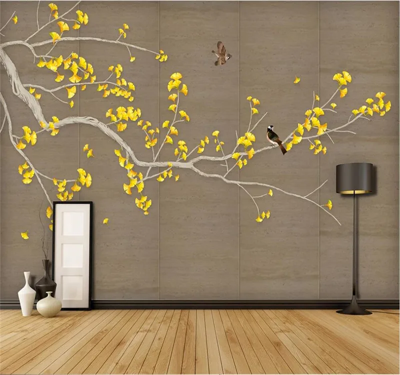 

Custom mural wallpaper home decoration painting Chinese style hand-painted ginkgo gongbi flowers and birds background wall