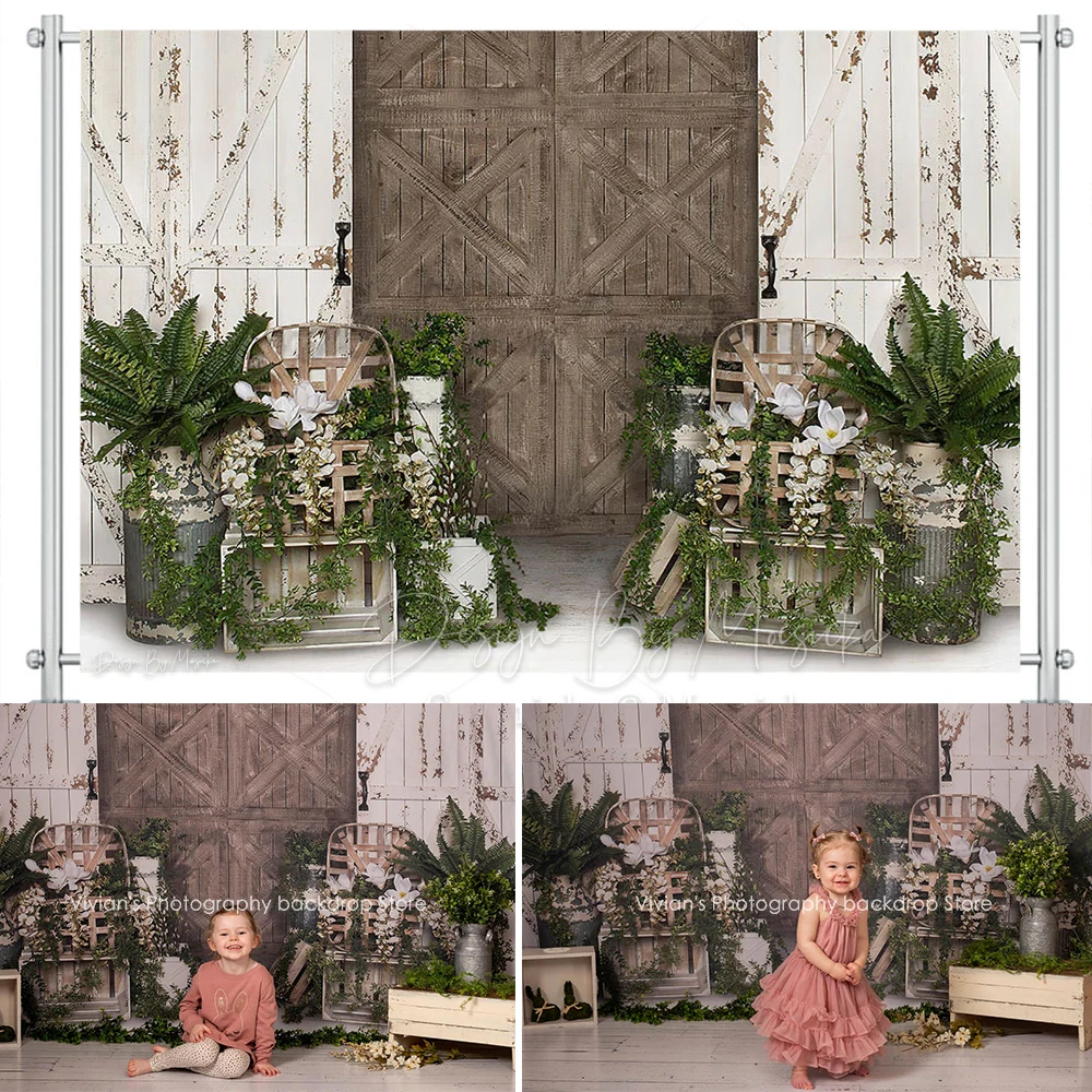 Mocsicka Spring White Wooden Door Backdrop Kids cake Smash 1st Birthday Props Chair Green Grass Decor Newborn Photostudio Banner