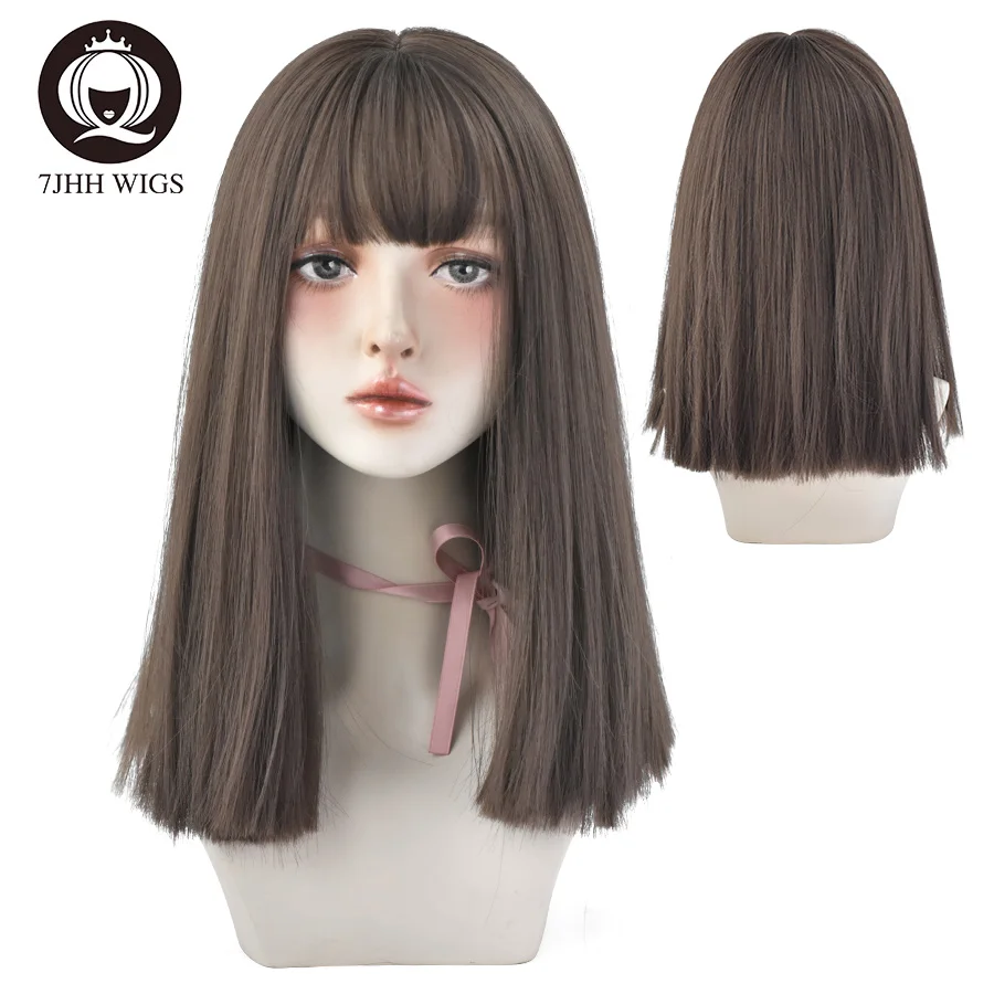 7JHH Wigs Black Straight Synthetic Wig with Bangs