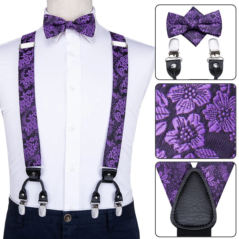 Hi-Tie Silk Adult Men's Bow Tie and suspenders Set Leather Metal 6 Clips Braces Purple Floral Elastic Wedding Suspender SET