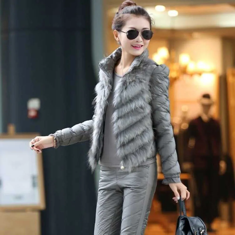 Real Rabbit Fur Down Cotton Three-piece Suit Women\'s Winter 2021 New Fashion Vest Thickened High-end Cotton Padded Warm Trousers