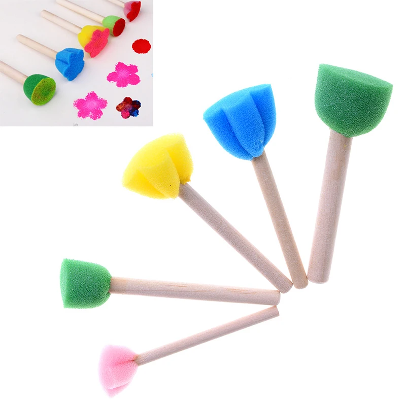 2/5Pcs Wooden Handle Sponge Paint Brush Kids Children Flower Graffiti Art Drawing Painting Toys Tool School Stationery Supplies