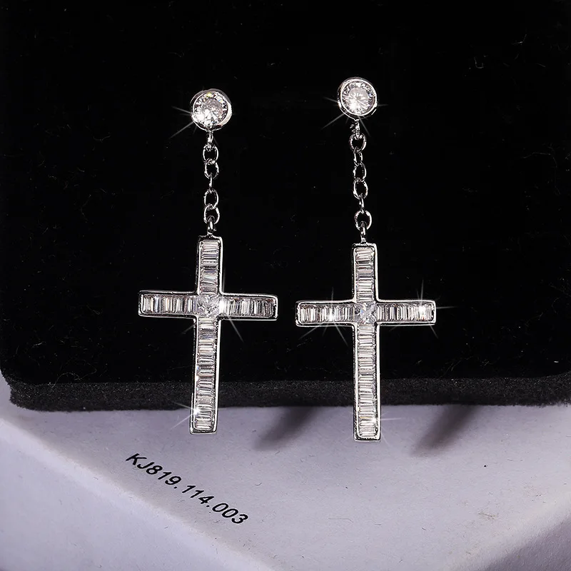 

925 Sterling Silver Four Cross Jewelry Shine Diamonds Drop Earrings for Women 2020 Gift Christmas Banquet Wedding серьги Gift