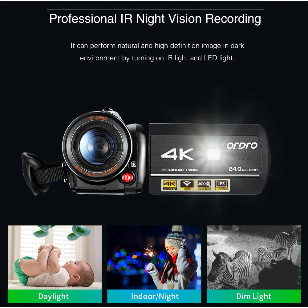 4K Night Vision Video Camera Professional Camcorders Ordro AC3 WiFi Digital Zoom Vlog Cameras for YouTube Blogger