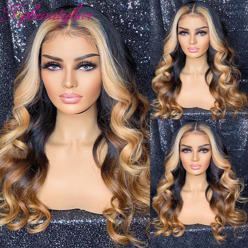 

Ombre Highlight Blonde 13x4 Lace Front Human Hair Wigs Brazilian Remy Wavy Wig Pre Plucked Brown Blonde Colored 180%