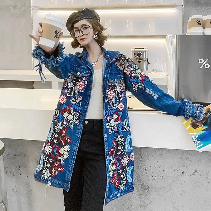 

Spring Autumn Long Sleeve Embroidery Florals Appliques Denim Trench Coat Women New Tassels Ripped Holes Streetwear Outwear NZ44