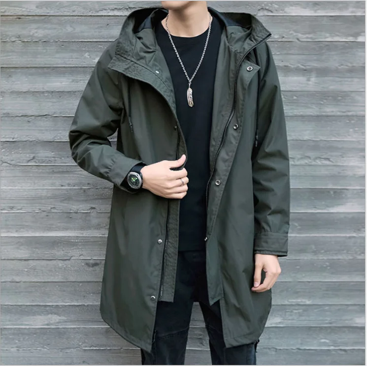 Men's windbreaker medium length jacket men's hooded men's jacket casual coat coat