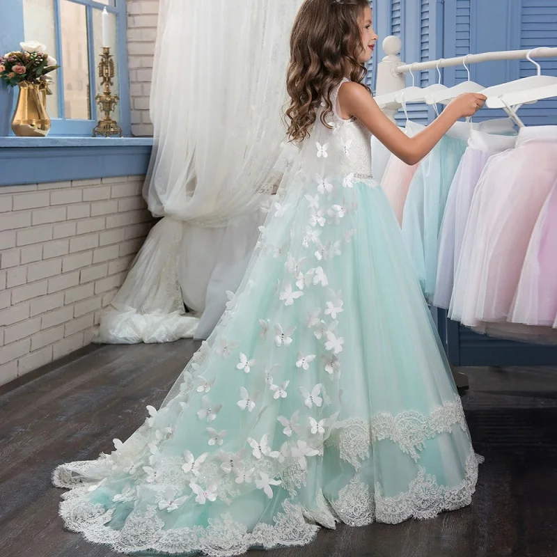 Hollow Back Detachable Veils Cloak Elegant Girls Evening Party Dress Kids Dresses Girls Children Pageant Gown Wedding Long Dress