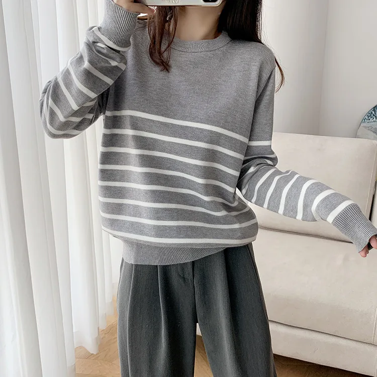 

Autumn New Korean Chic round Neck Black and White Striped Loose All-match Student Knitted Shirt Jacket