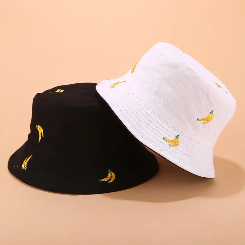 2021 Cotton Fruit Banana Double-sided Wear Bucket Hat Fisherman Hat Outdoor Travel Sun Cap for Men and Women 89